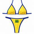 Yellow bikini with blue straps featuring the Brazilian flag on a white background