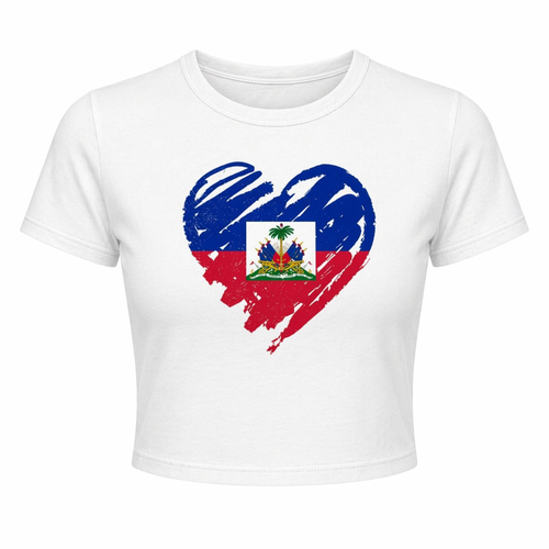 White crop top with a heart-shaped design featuring the Haitian flag on a white background