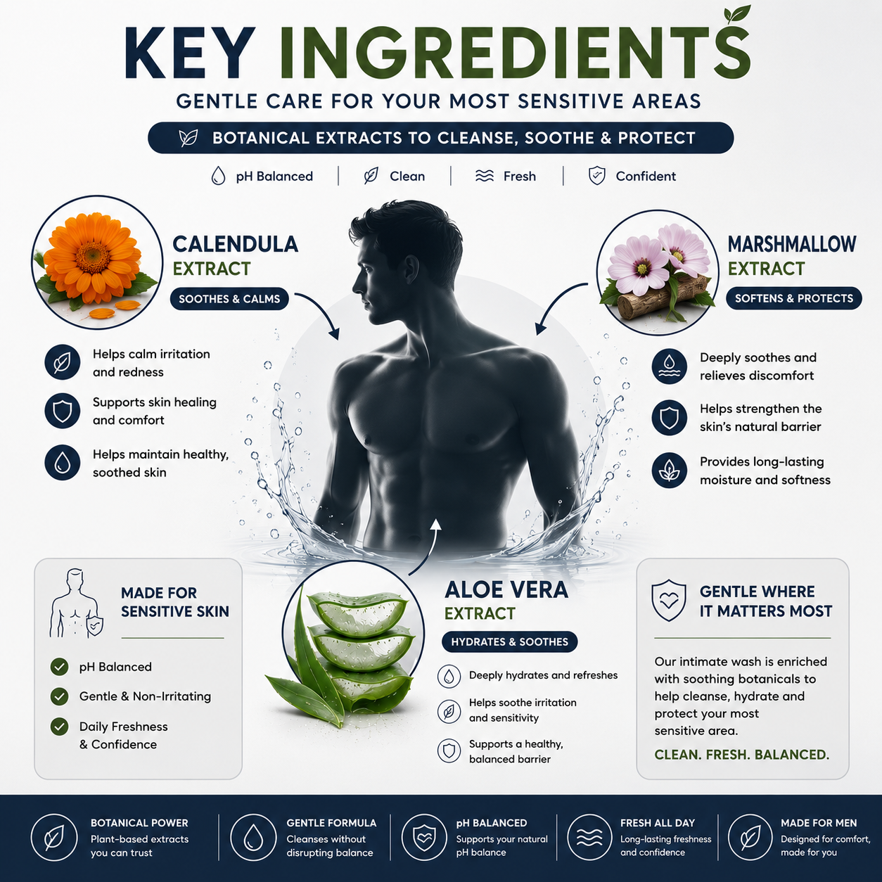 An infographic titled 'KEY INGREDIENTS' for a sensitive skin botanical wash, featuring a central silhouette of a man's back with water droplets, surrounded by ingredient callouts: Calendula Extract, Marshmallow Extract, Aloe Vera Extract. The design uses a clean white background with dark navy blue text and icons, and small illustrative graphics of flowers and green aloe vera leaves.