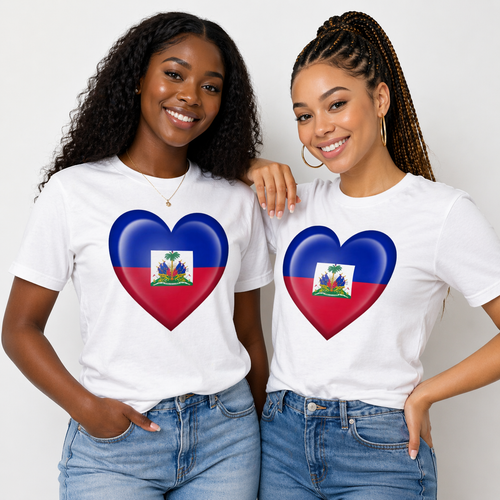 Two women wearing white t-shirts with a heart-shaped Haiti flag design on a plain background