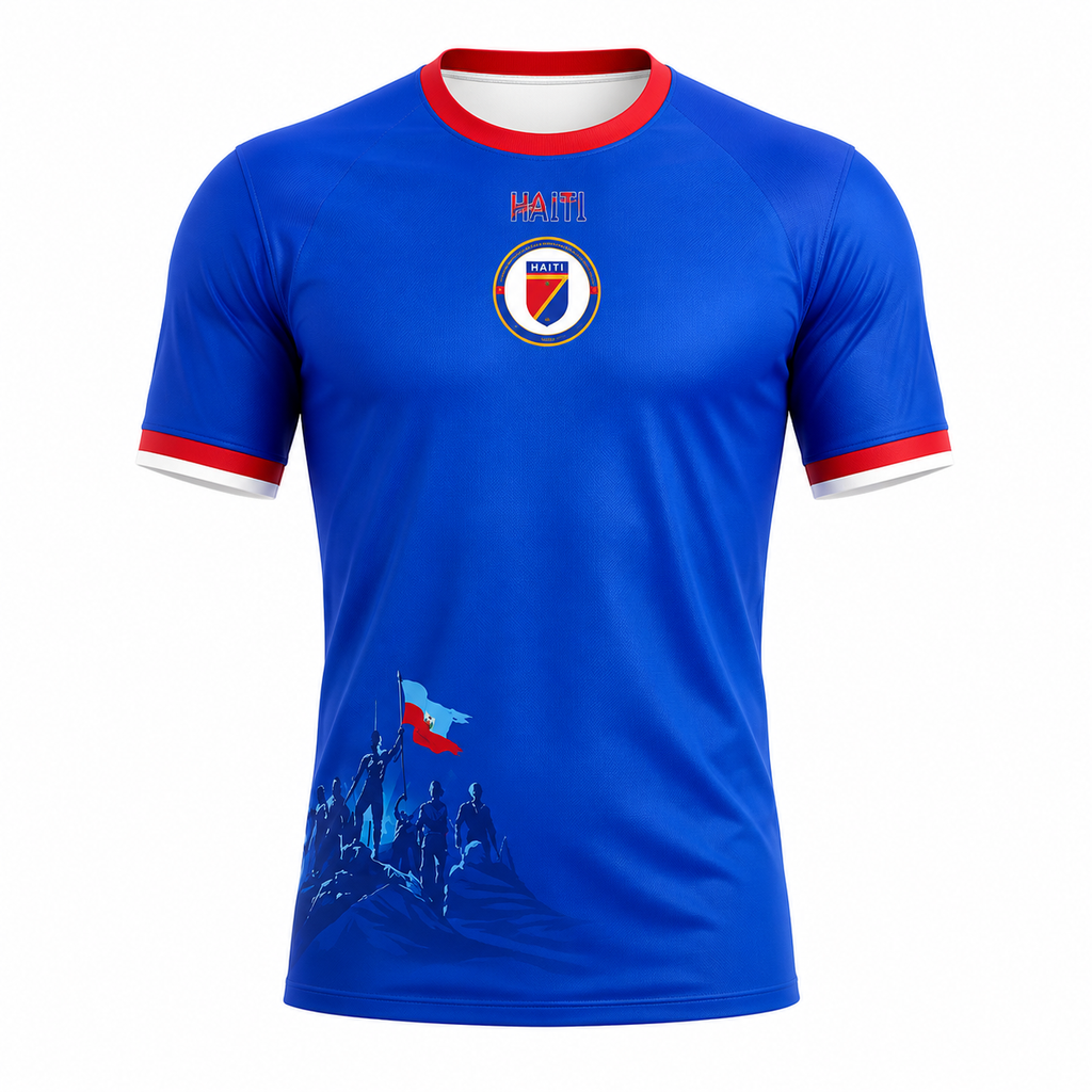 Blue sports jersey with red and white accents on a white background