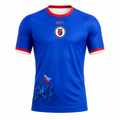 Blue sports jersey with red and white accents on a white background