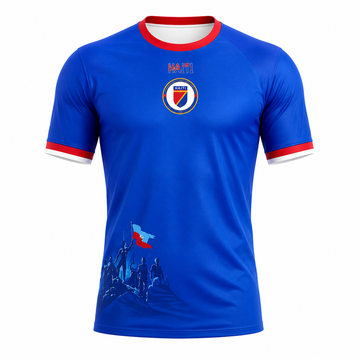 Blue sports jersey with red and white accents on a white background