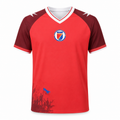 Red sports jersey with a logo on a white background