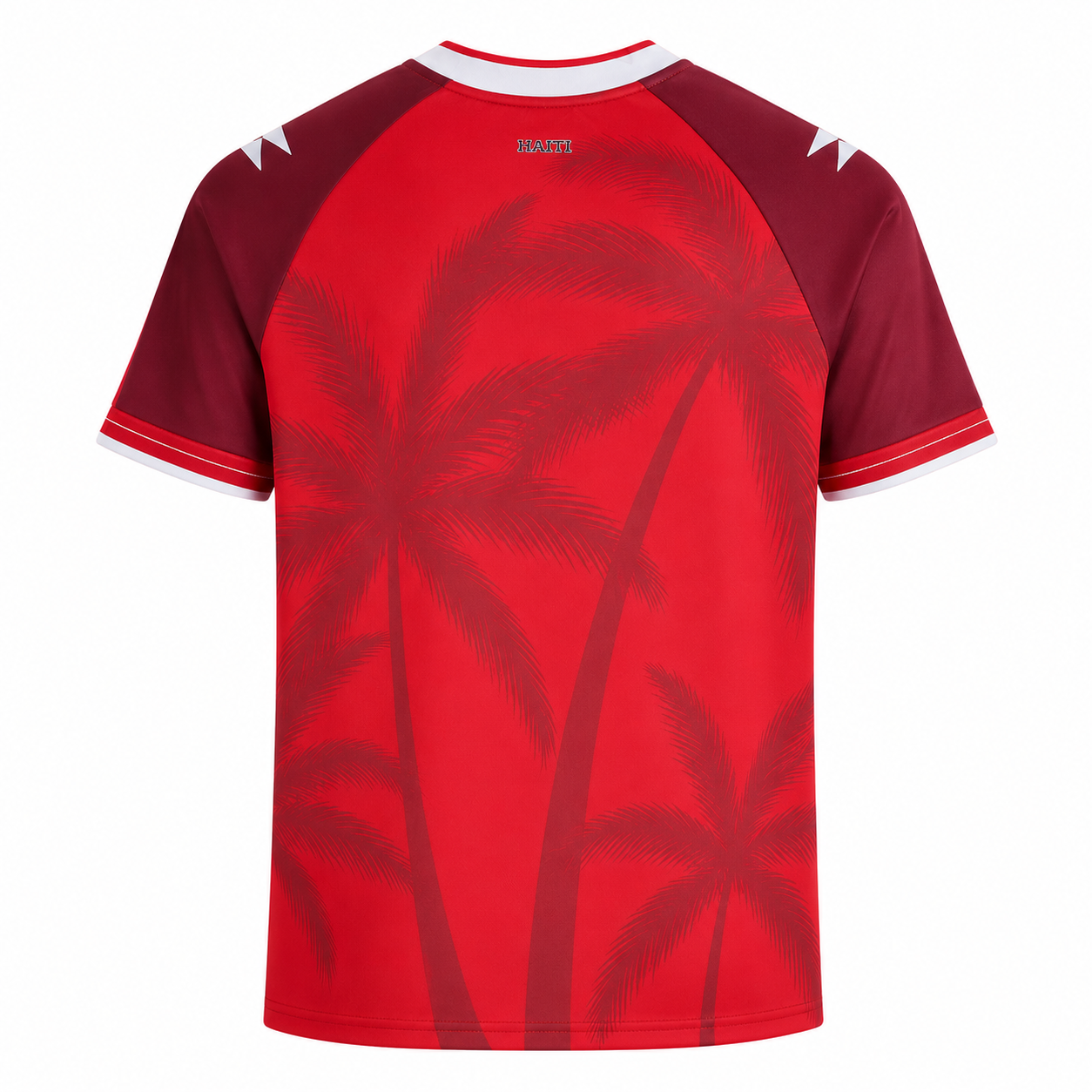 Red sports jersey with palm tree design on a white background