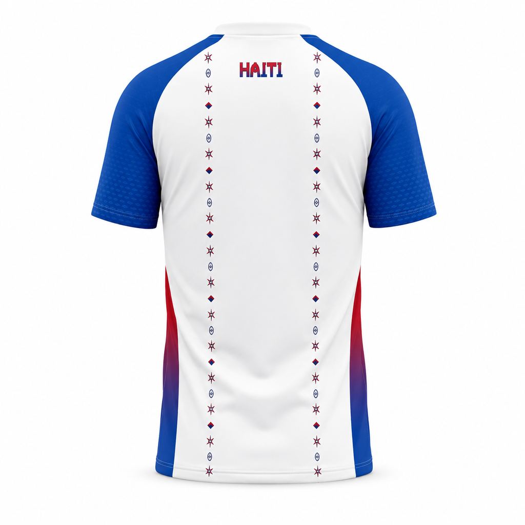 White and blue sports jersey with 'Haiti' text on a white background