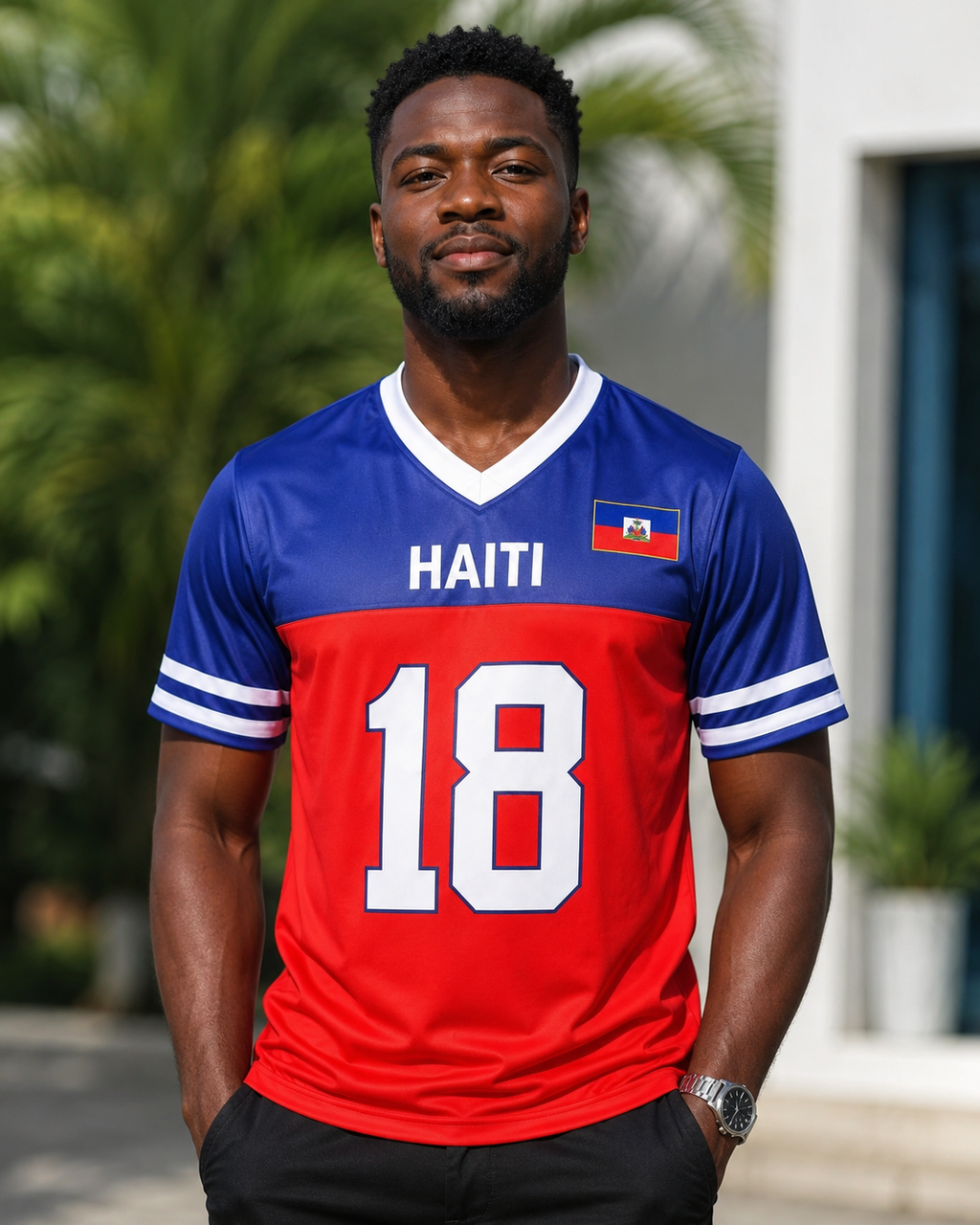 Man wearing a red and blue Haiti jersey with number 18 outdoors.