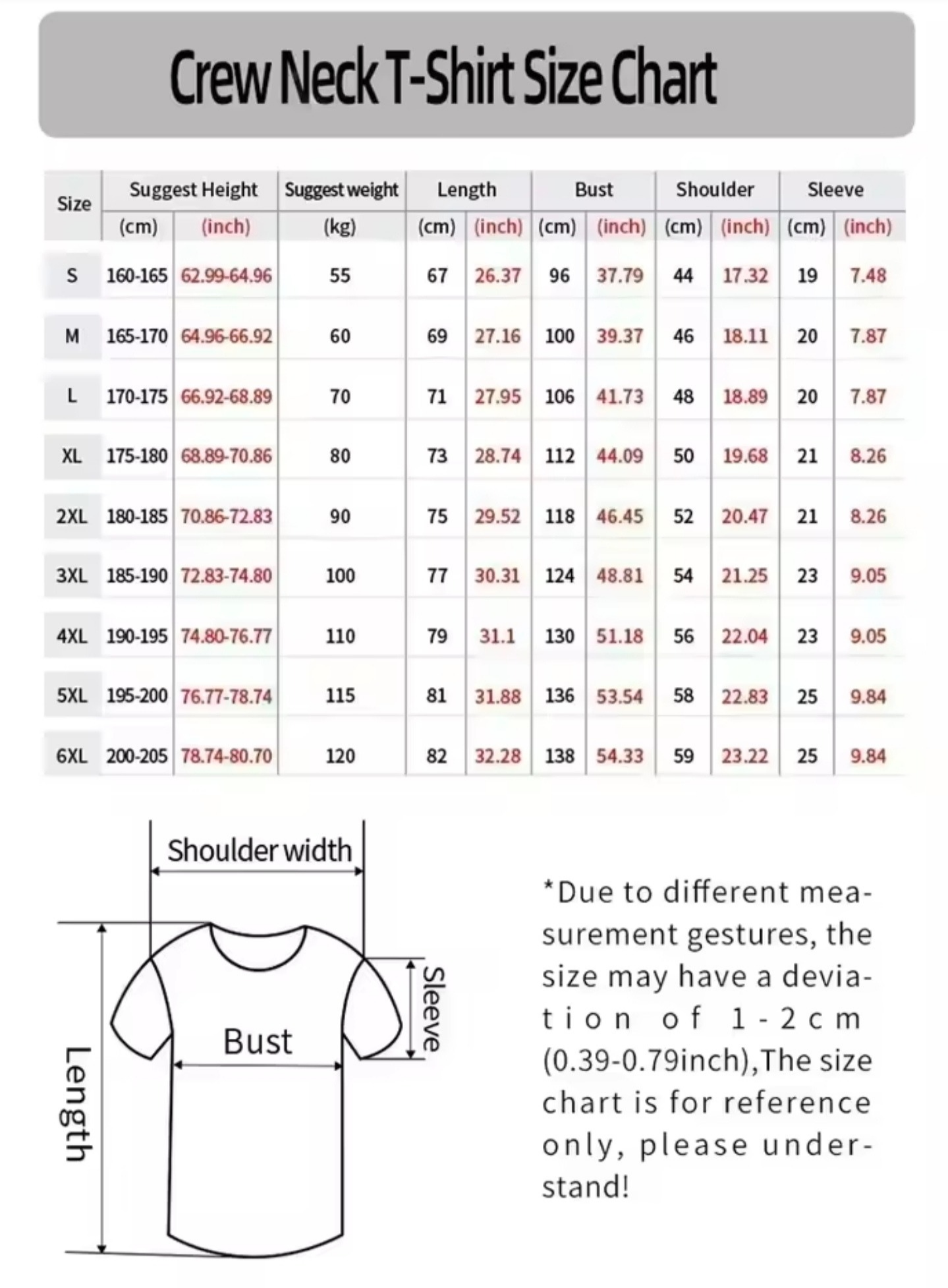 Crew neck t-shirt size chart with measurements and dimensions.