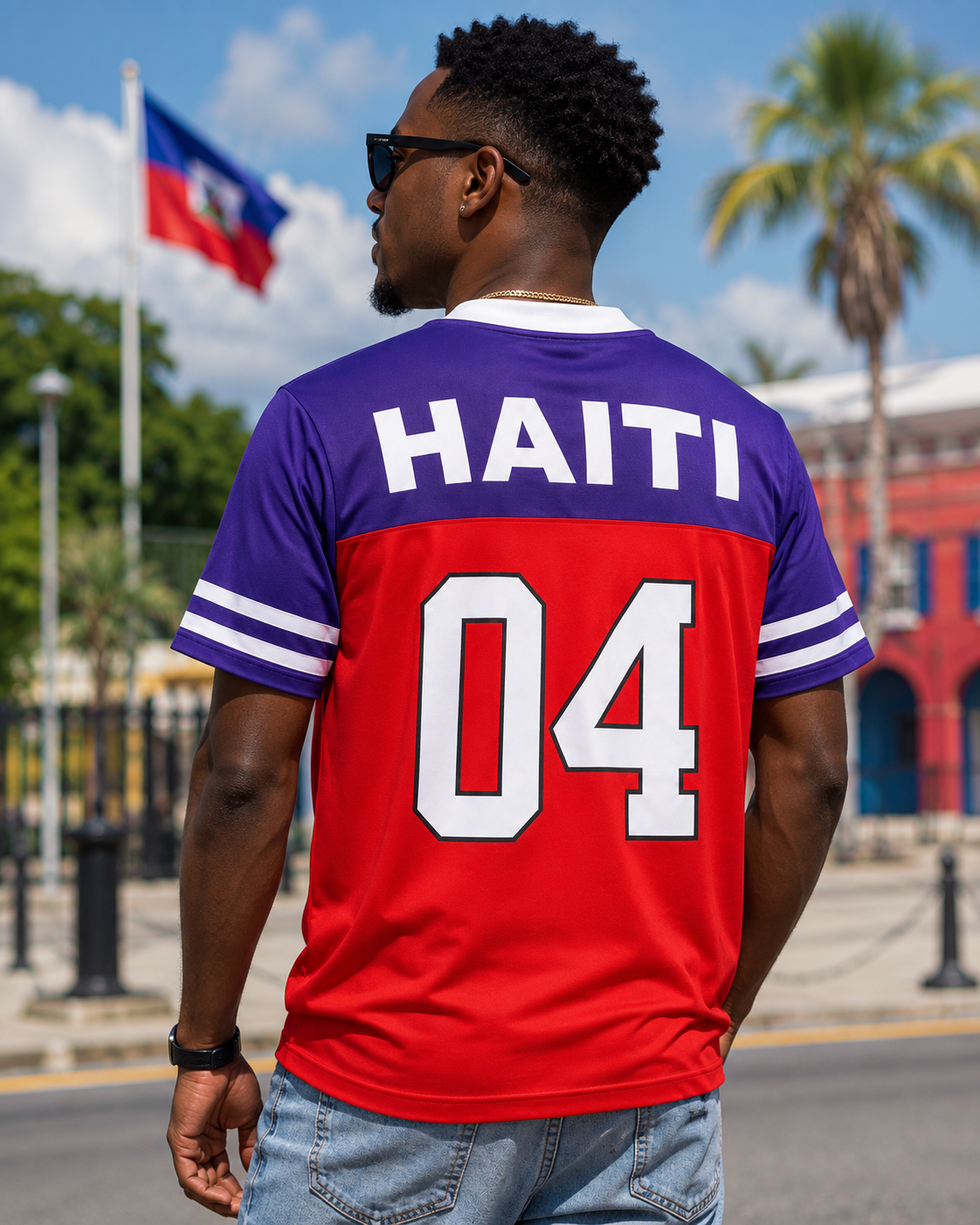 Person wearing a red and purple jersey with 'HAITI 04' on the back, standing outdoors.