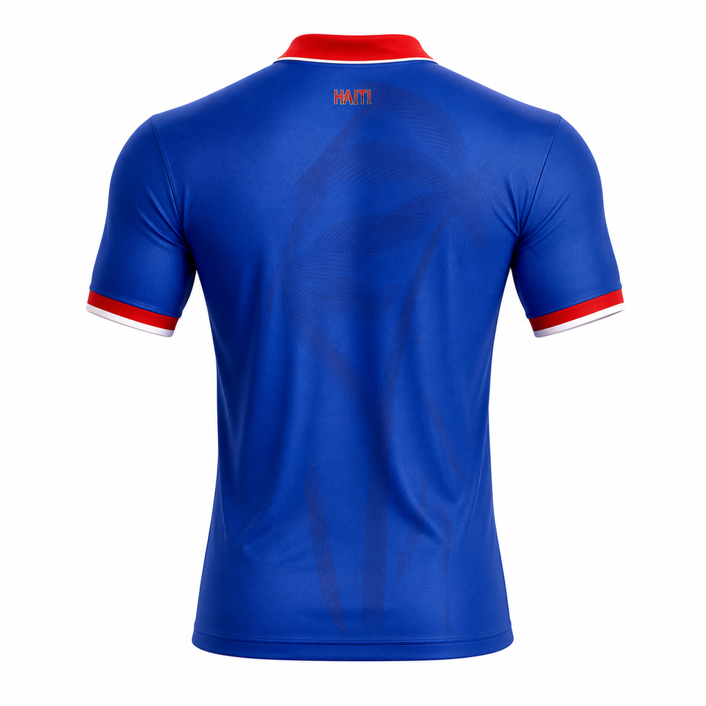 Blue sports jersey with red accents on a white background