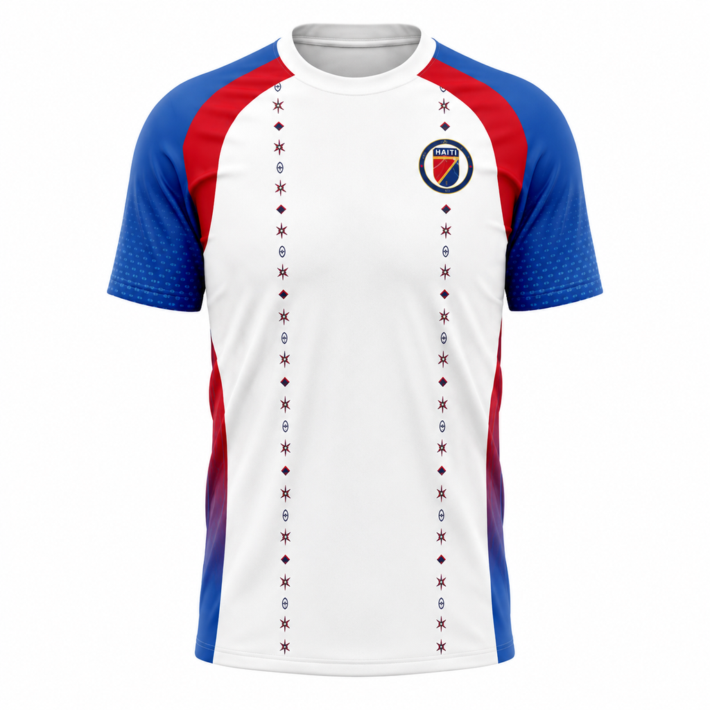 White sports jersey with blue and red accents on a white background