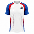 White sports jersey with blue and red accents on a white background