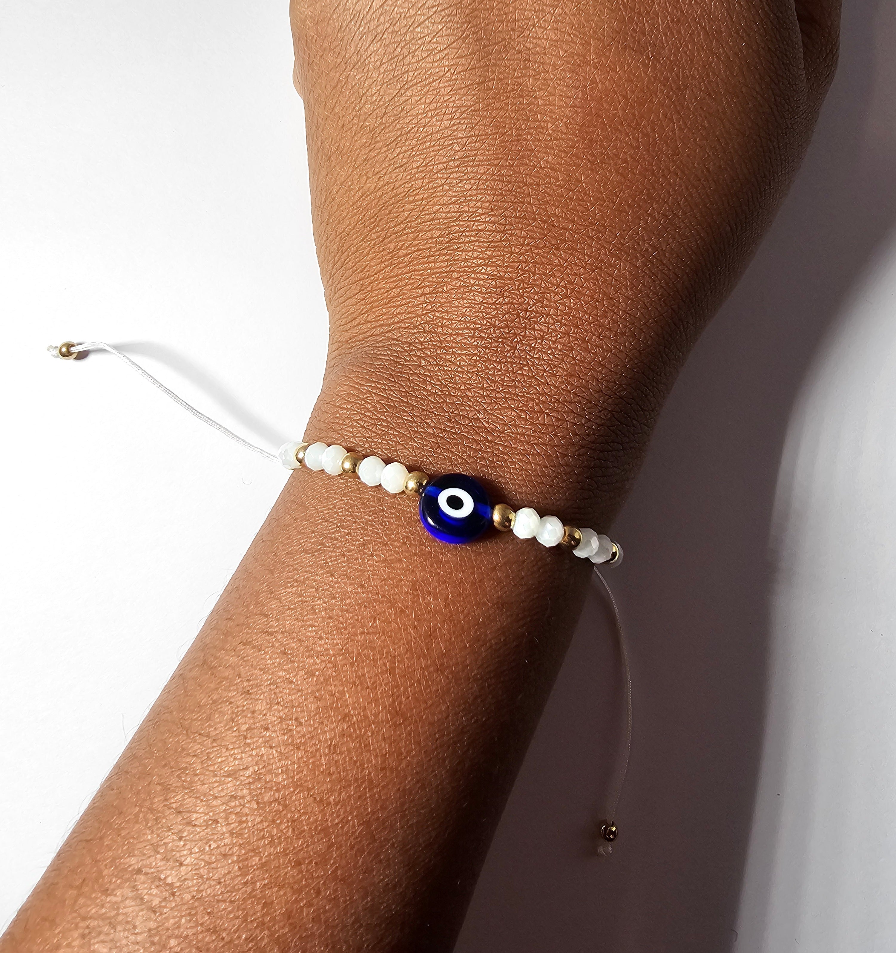 Turkish Blue Evil Eye Adjustable White Glass Bead String Bracelet
