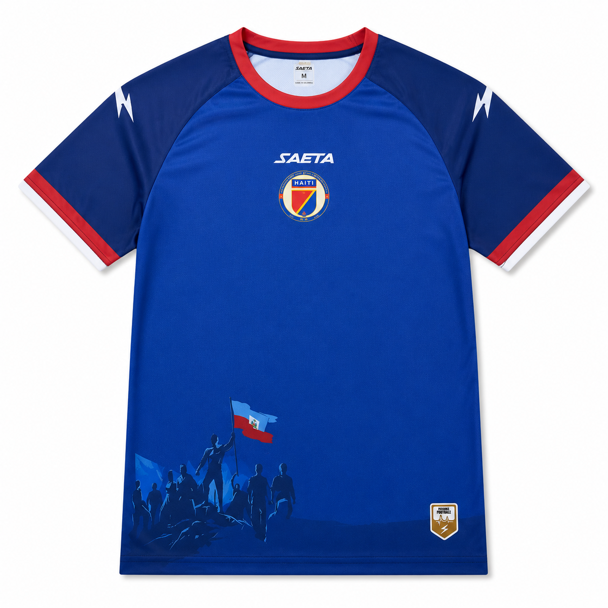 Blue sports jersey with red and white accents, featuring a brand logo on a white background.