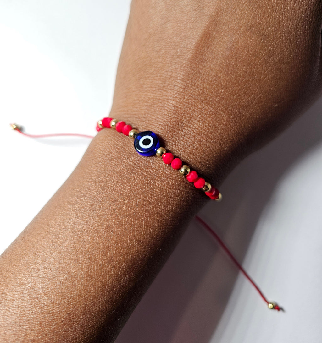 Turkish Blue Evil Eye Adjustable Red Glass Bead String Bracelet