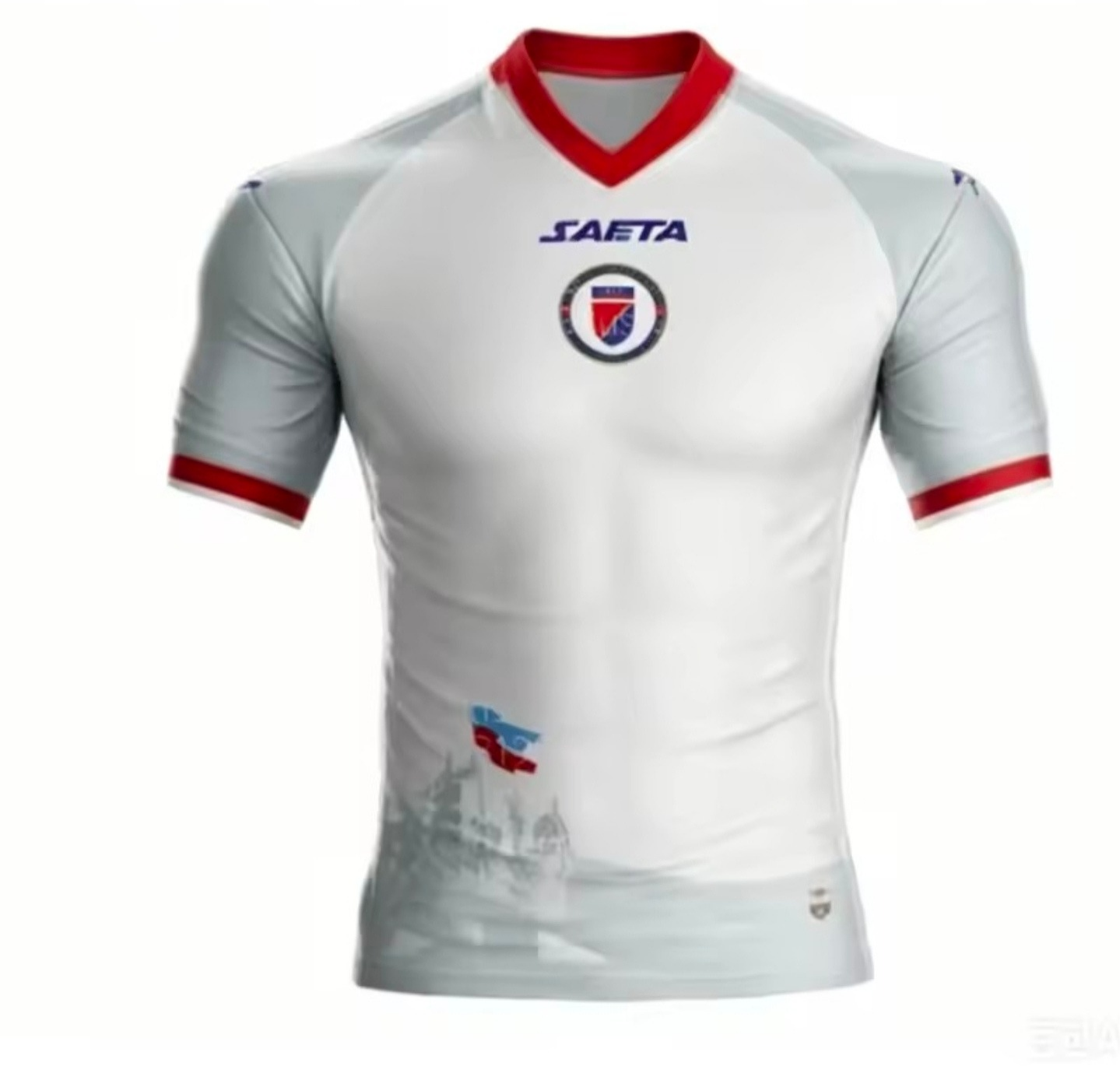 White sports jersey with red and blue accents featuring a logo and brand name on a white background