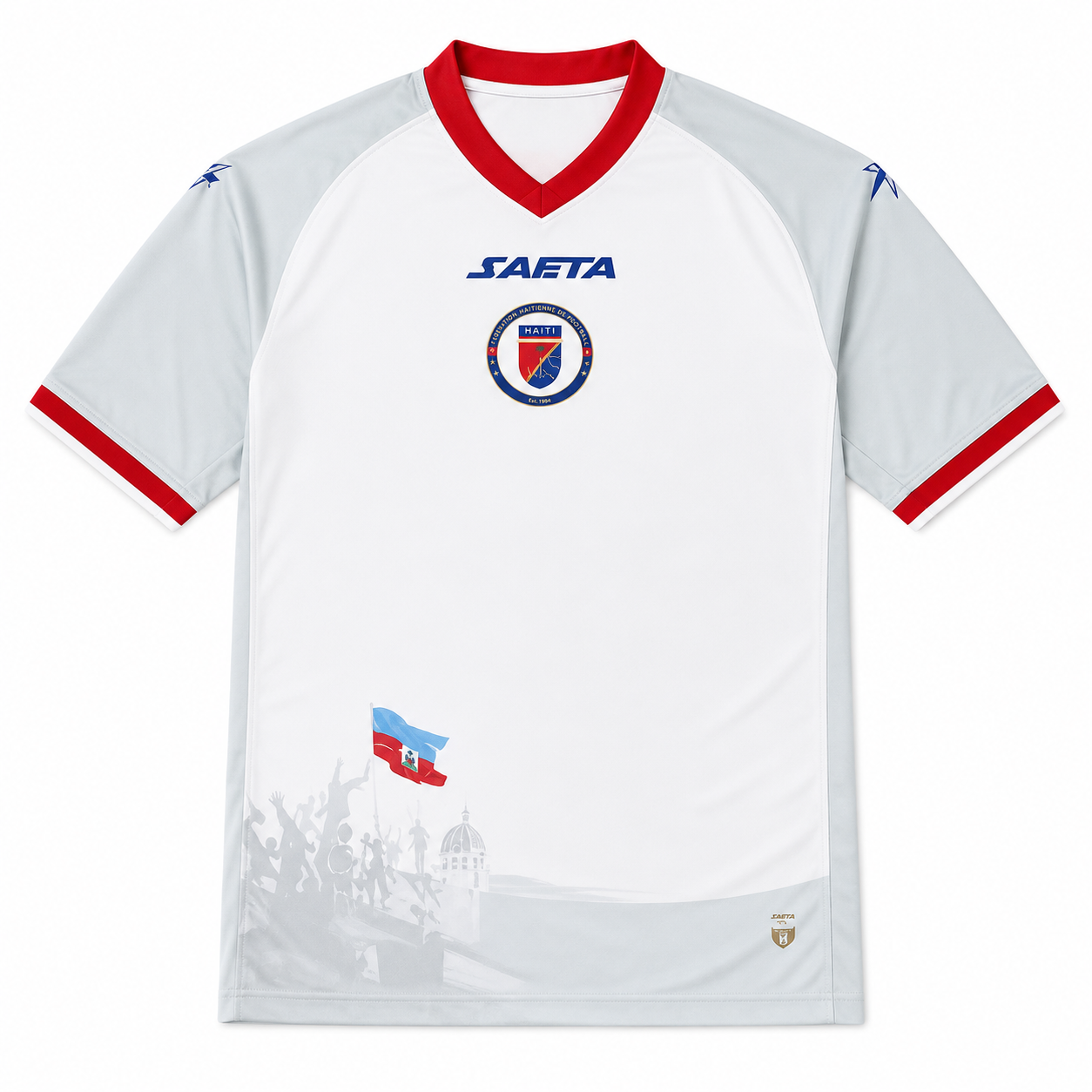 White sports jersey with red and blue accents featuring a logo and text on a white background