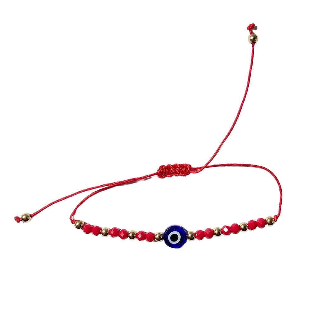 Turkish Blue Evil Eye Adjustable Red Glass Bead String Bracelet