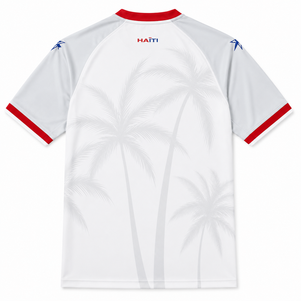 White sports jersey with red accents and 'Haéti' text on a white background