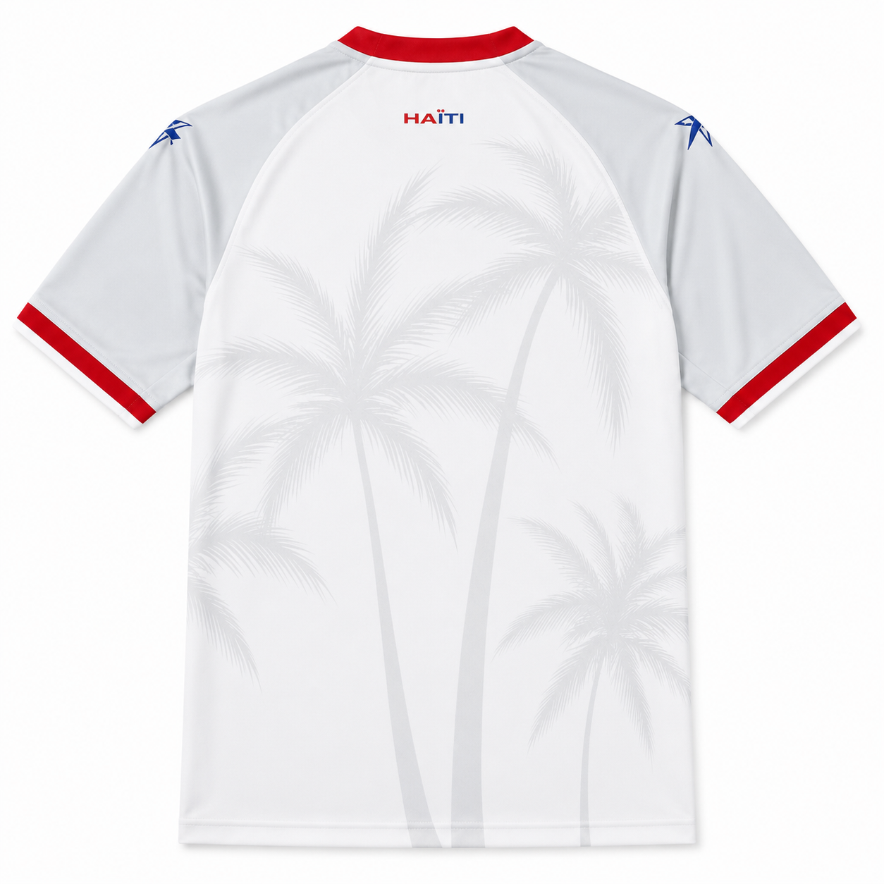 White sports jersey with red accents and 'Haéti' text on a white background