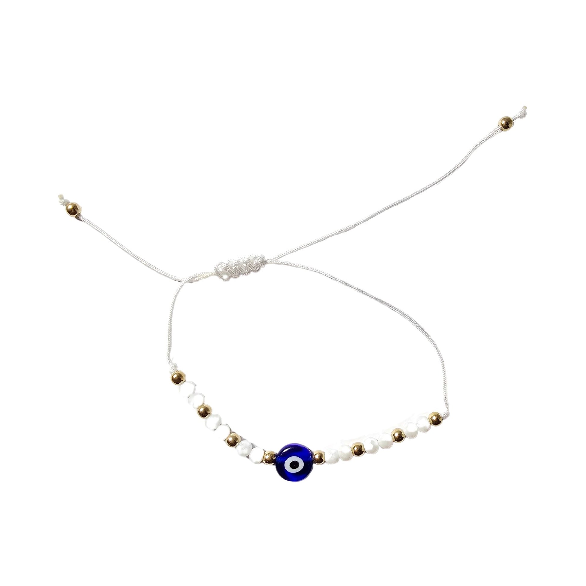 Turkish Blue Evil Eye Adjustable White Glass Bead String Bracelet